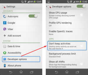 Viber & Android Developer Options - Dont Keep Activities Issue