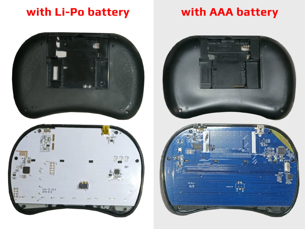 USB Mini WiFi Wireless Keyboard Types Inside i8 - LiPo and AAA Battery Models PCB Board Comparison