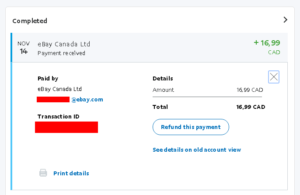PayPal Dashboard - eBay Refund