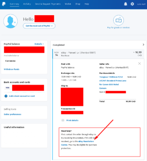 PayPal Dashboard - eBay Transaction Details