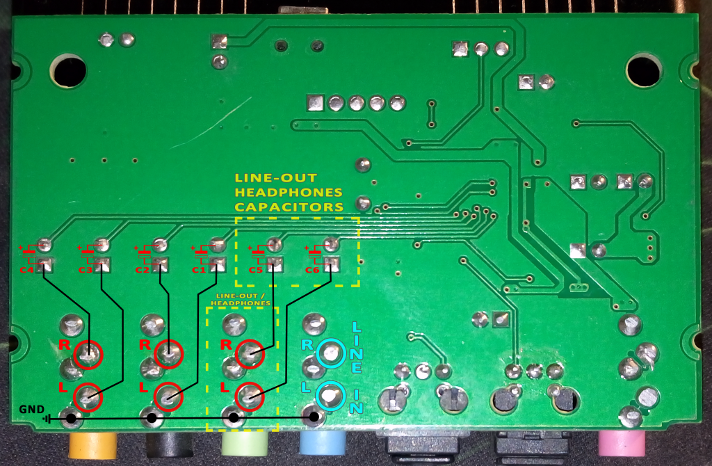 C-MEDIA CM6206 5.1 USB Audio Card - TOP & BOTTOM PCB Layers Overlay - Bottom - Headphones Line-Out Mod