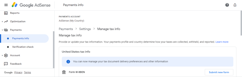 Google AdSense Account - Payments Info - Manage Tax Info