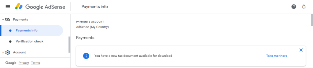 Google AdSense Account - Payments Info - Tax