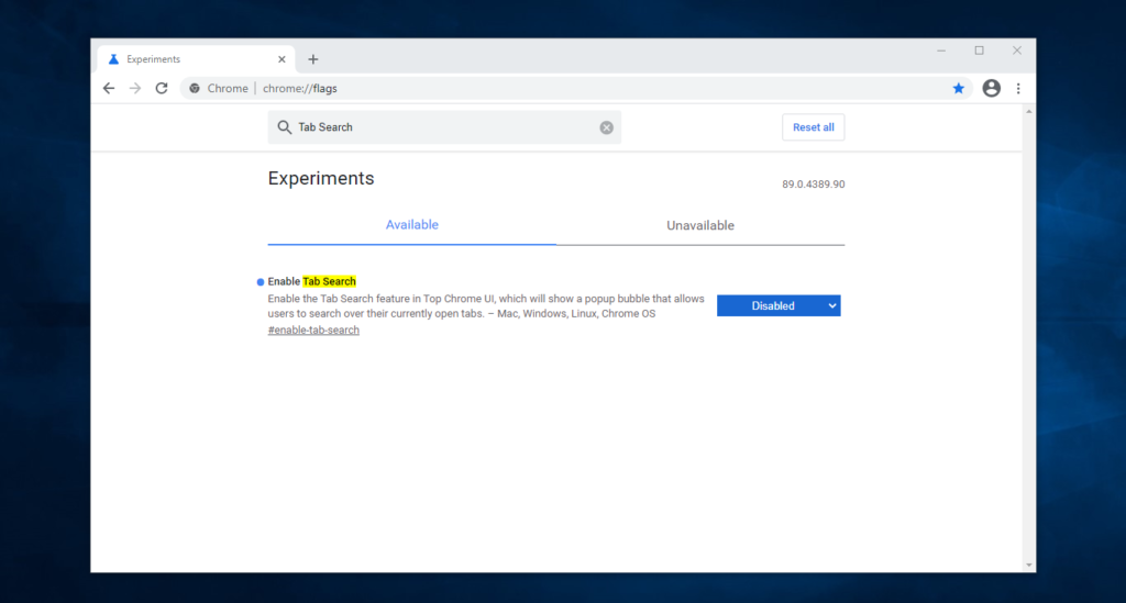 Google Chrome - Tab Search Flag Setting