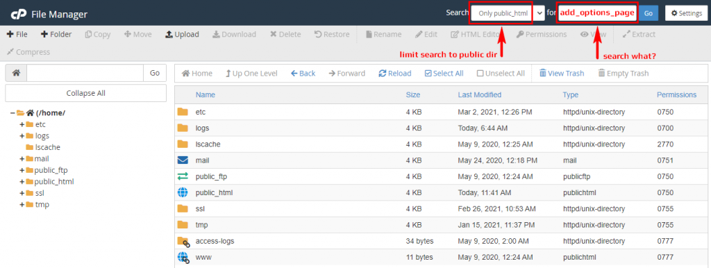 cPanel File Manager - How To Search Within Files and Code