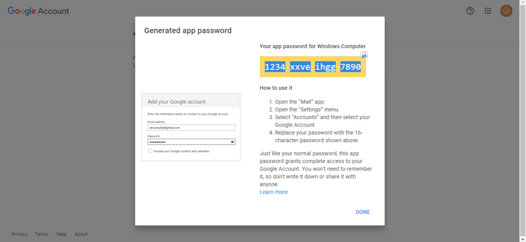 Google Account - 2SV 2-Step Verification - Generated Email App Password
