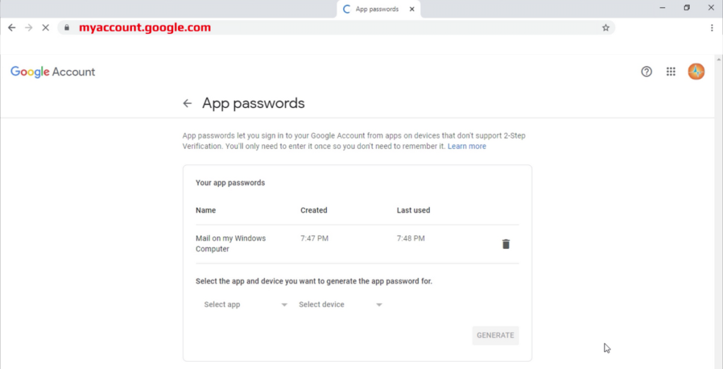 Google Account - 2SV 2-Step Verification - How To Allow Grant Outlook Email App Access - App passwords section
